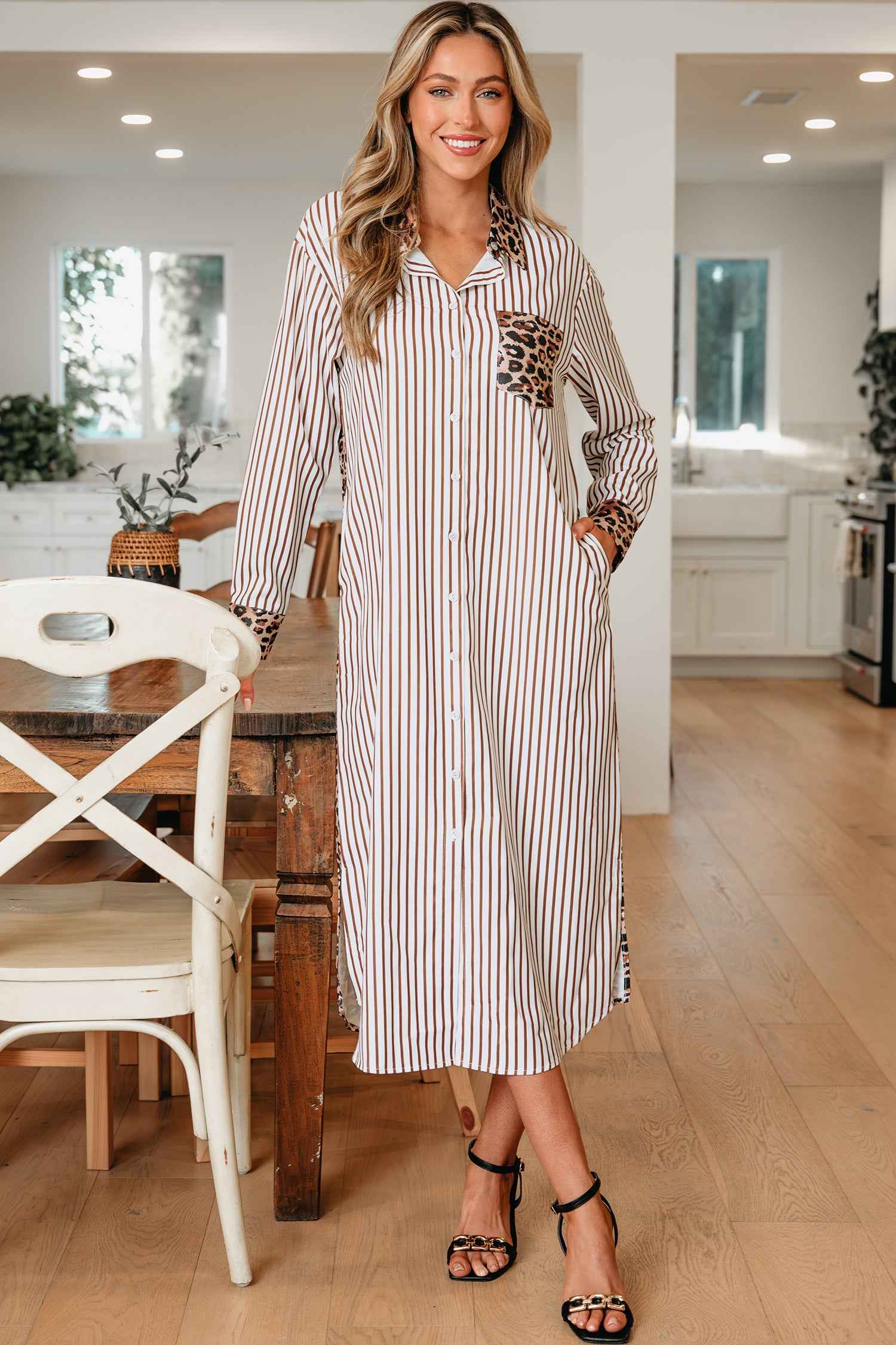 Brown Stripe Contrast Leopard Patchwork Long Shirt Dress with Slits