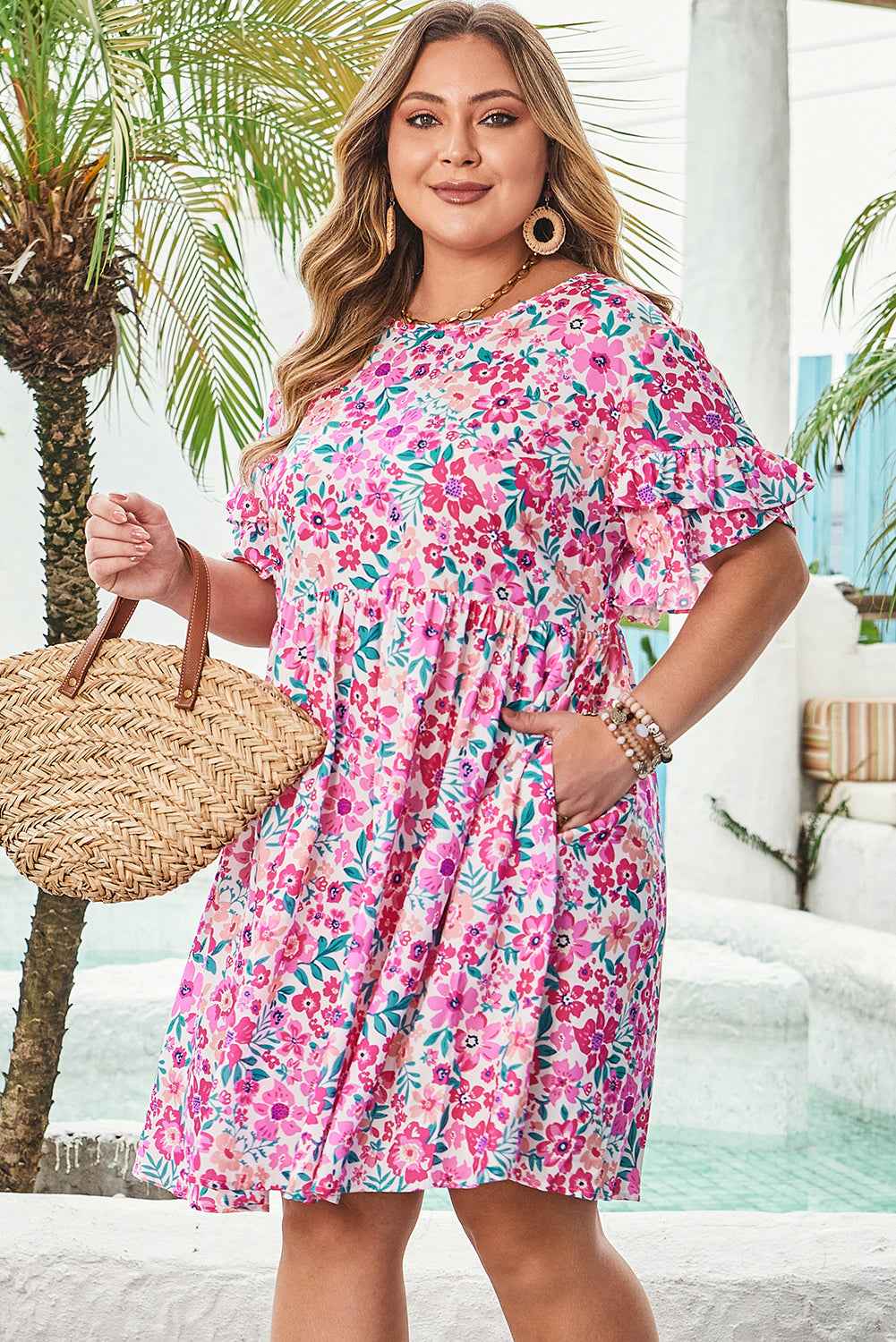White Plus Size Floral Print Frilled Short Sleeve Flare Dress