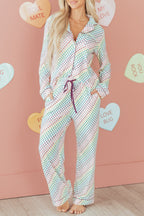 White Pride Heart Print Valentines Long 2pcs Pajama Set