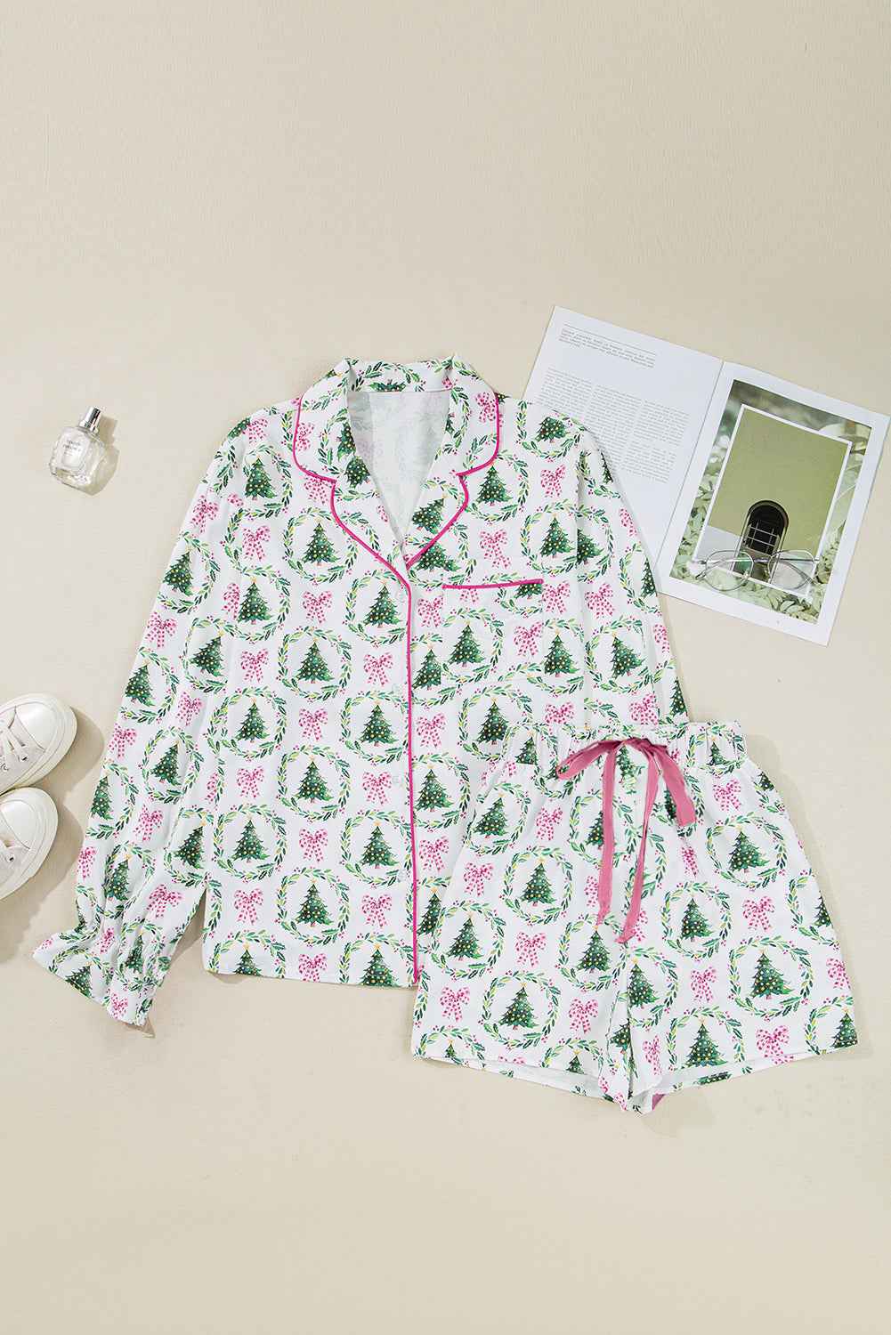 Green Christmas Fashion Print Velvet Trim Bow Knot Pajama 2pcs Short Set