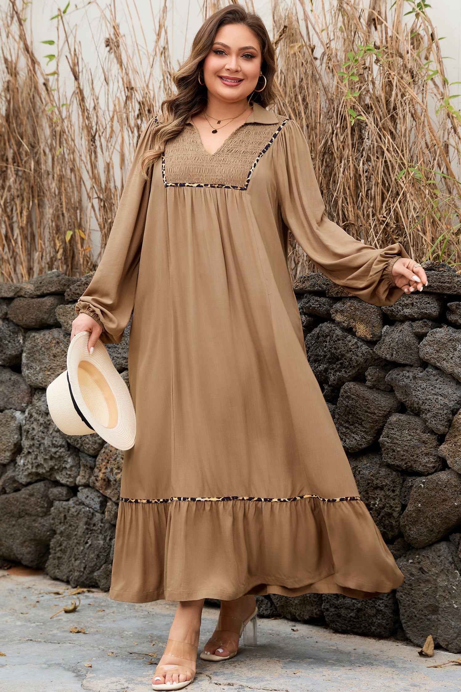 Chestnut Smocked V Neckline Leopard Piping Accent Bracelet Plus Size Long Dress