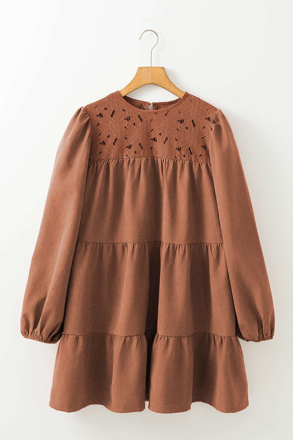 Chestnut Floral Lace Crochet Tiered Ruffled Mini Dress