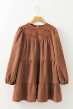 Chestnut Floral Lace Crochet Tiered Ruffled Mini Dress