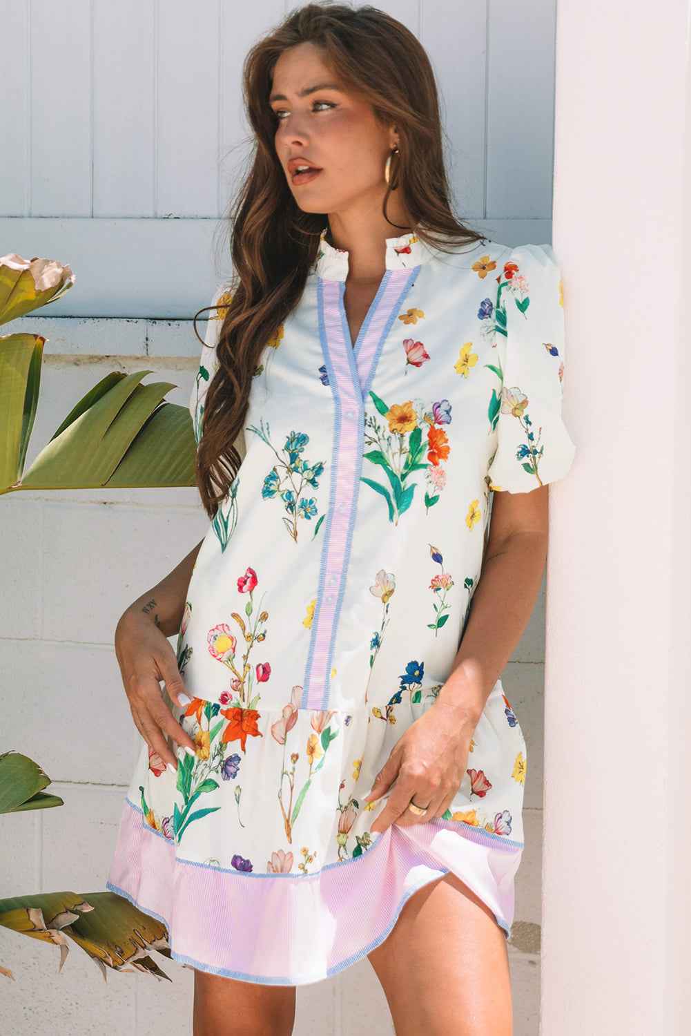White Floral Print Contrast Striped Patchwork Short Puff Sleeve Dress