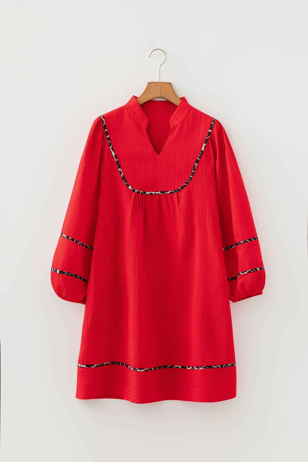 Fiery Red Textured V Neck Leopard Contrasted Trim Long Sleeve Shift Mini Dress