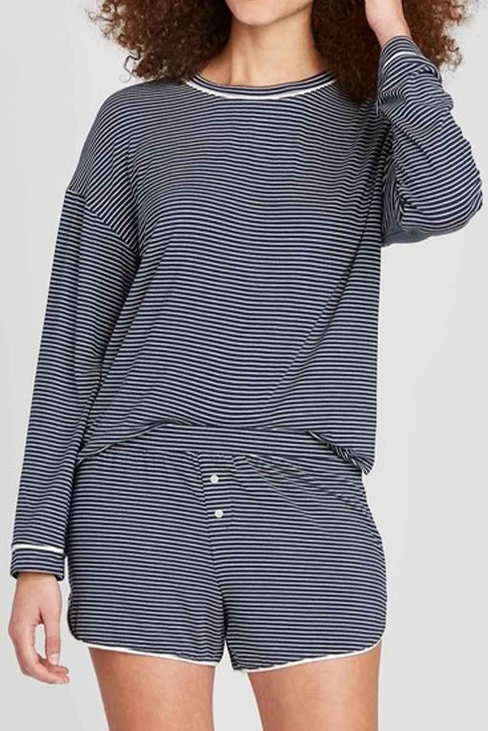 Blue Stripe Drop Shoulder Round Neck Long Sleeve Tee and Buttoned Shorts 2pcs Lounge Set