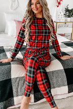 Red Festive Plaid Print Round Neck Long Sleeve and Pants 2 Piece Lounge Set