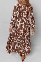 Orange Floral Puff Sleeve Smocked Bodice Ruffled Long Dress