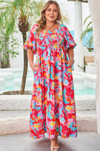 Rose Abstract Printed Puff Sleeve Square Neck Smocked Bust Tied Back Plus Size Dress