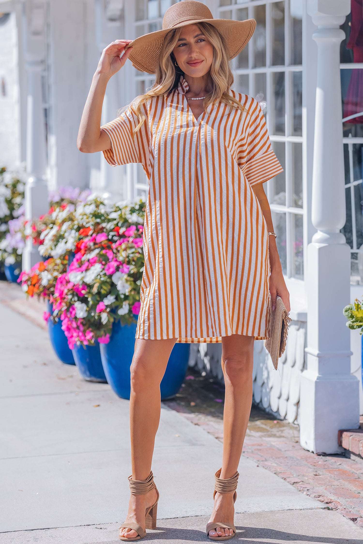 Brown Stripe Pinched V Neck Turn-up Cuffs Shift Mini Dress