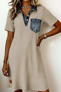Beige Short Sleeve Ribbed Knit Denim Patchwork Polo Collar Dress