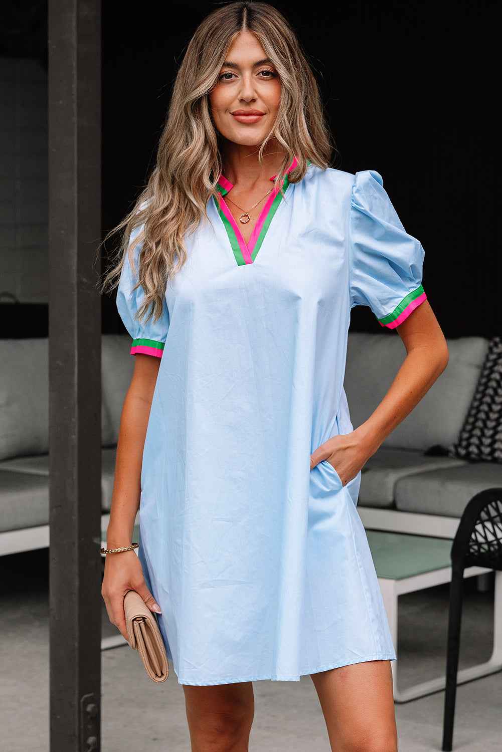 Myosotis Contrast Striped Notched V Neck Puff Sleeve Mini Dress