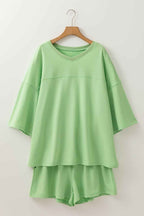 Meadow Mist Green Plus Size V Neck Drop Shoulder Tee Loose Shorts 2pcs Outfit
