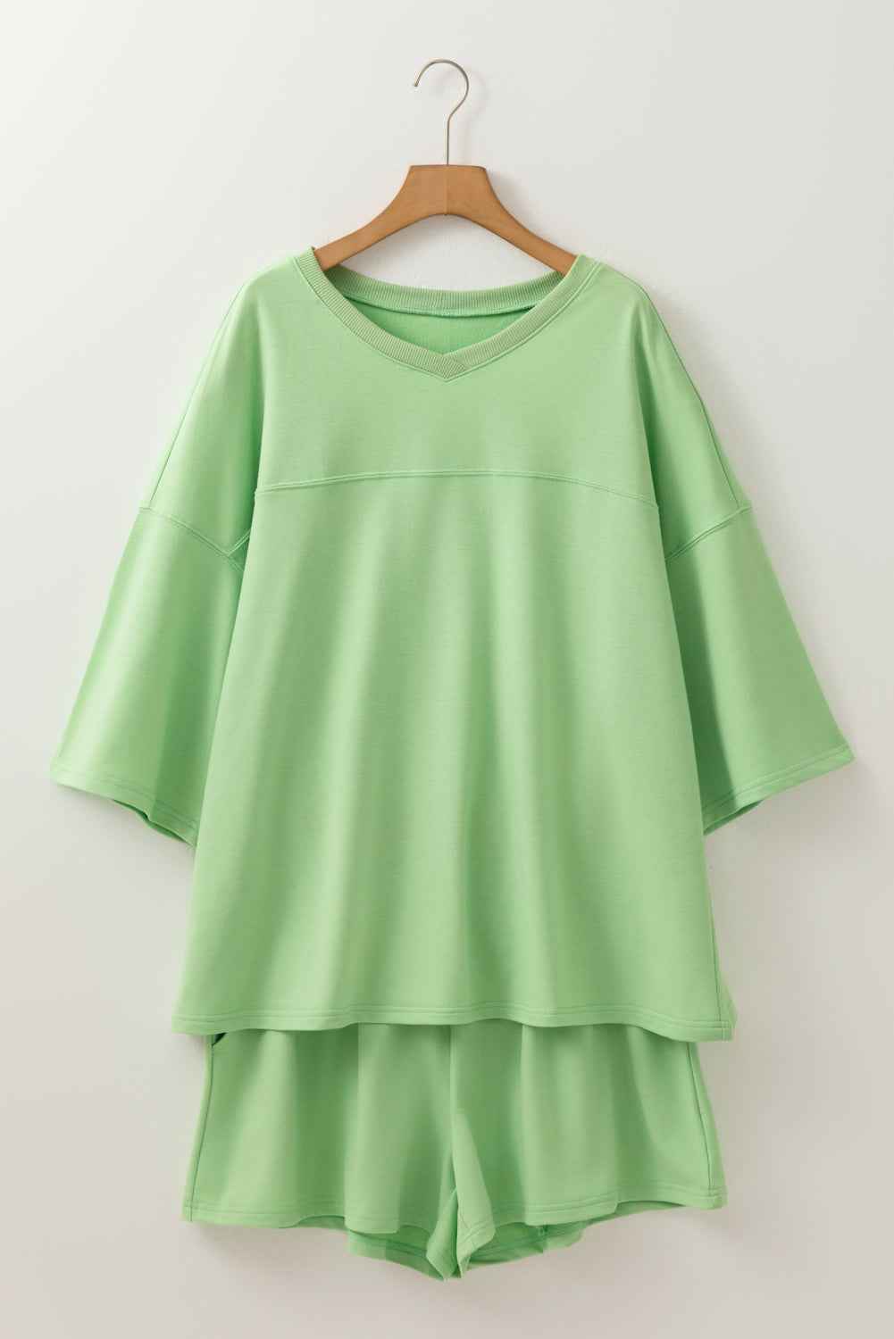 Meadow Mist Green Plus Size V Neck Drop Shoulder Tee Loose Shorts 2pcs Outfit