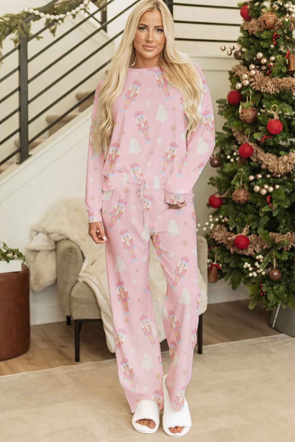 Pink Christmas Tree Nutcracker Print 2pcs Lounge Pant Set
