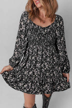 Black Floral Long Sleeve Frilly Shirred Square Neck Mini Dress