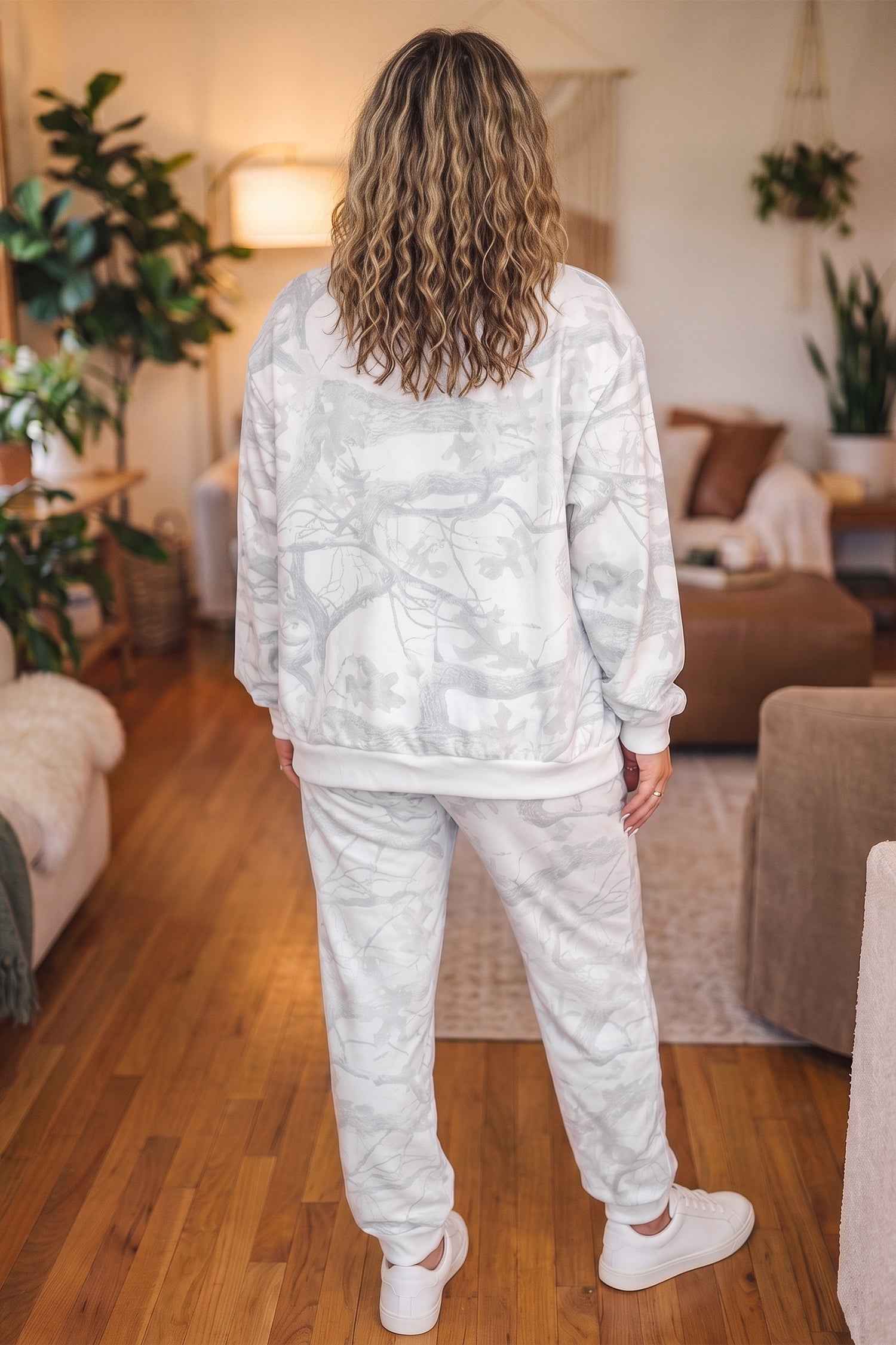 Gray Camouflage Print Stand Neck Long Sleeve Regular Fit Plus Size Set
