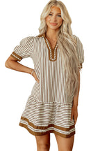 Brown Stripe Shirt Collar Color Block Patchwork Trim Ruffle Hem Short Dress
