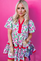 Pink Floral Print Contrast Trim V Neck Bubble Short Sleeve Babydoll Dress