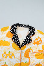 Orange Short Sleeve Pumpkin Print Polka Dot Trim Pocket Pocket Placket Home Wear Lounge Set - MuseLover