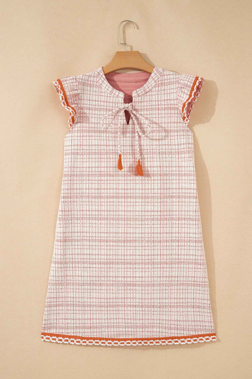 White Jacquard Textured Contrast Trim Short Sleeve Tassel Tie Shift Dress