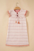 White Jacquard Textured Contrast Trim Short Sleeve Tassel Tie Shift Dress