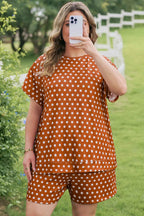 Brown Polka Dot Print Dropped Shoulder Tee Plus Size Short Set