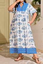 Sky Blue  Plus Size Floral Print Contrast Boho Patchwork V Neck Loose Midi Dress