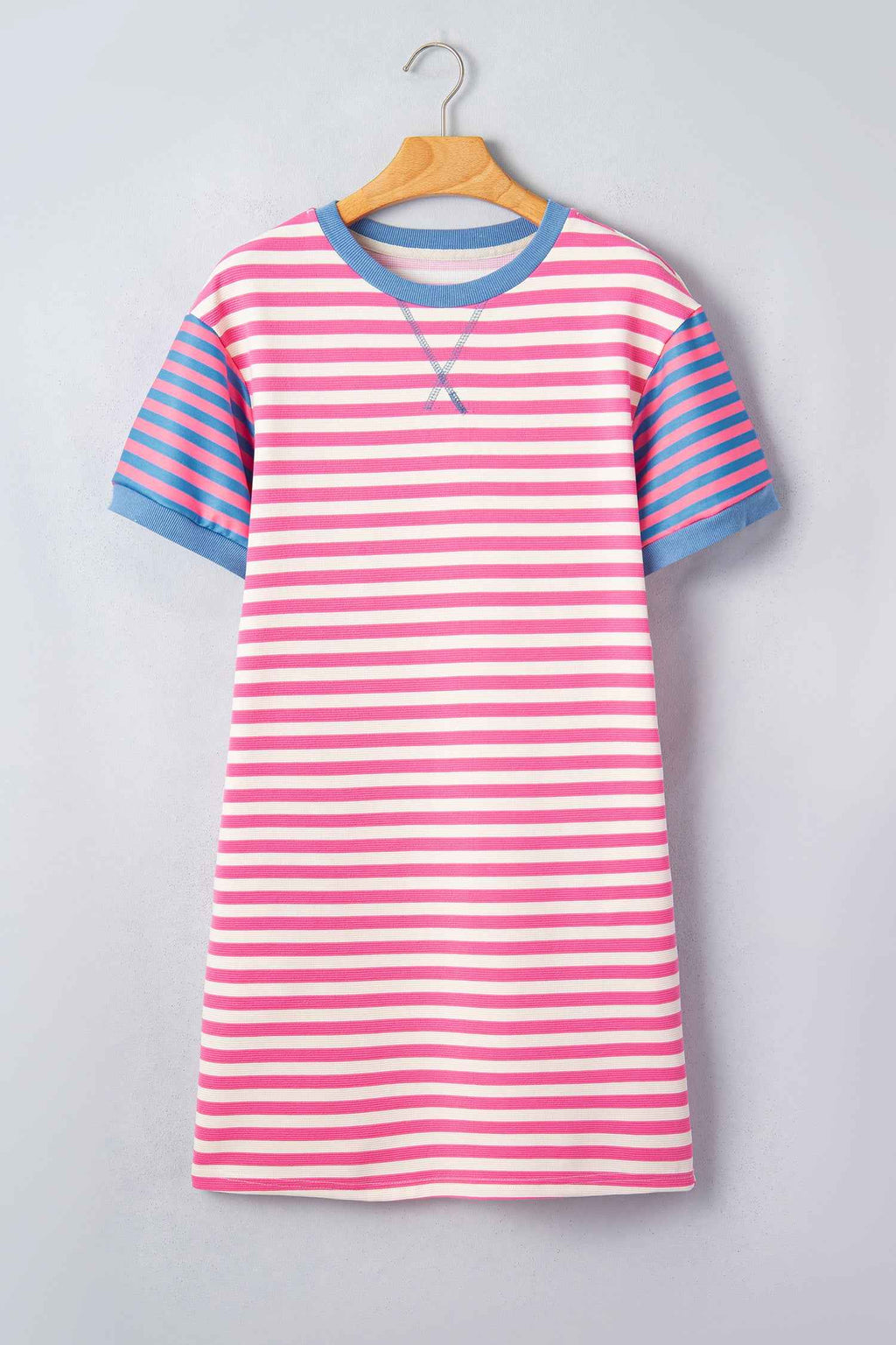 Pink Stripe Contrast Patchwork Short Sleeve T Shirt Shift Dress