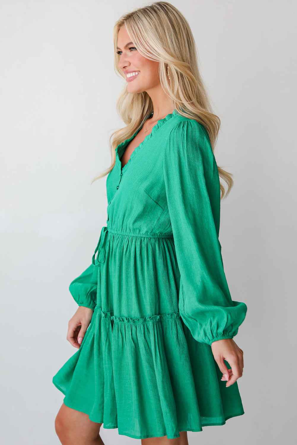Sea Green Frilly V Neck Puff Sleeve Drawstring Shift Mini Dress