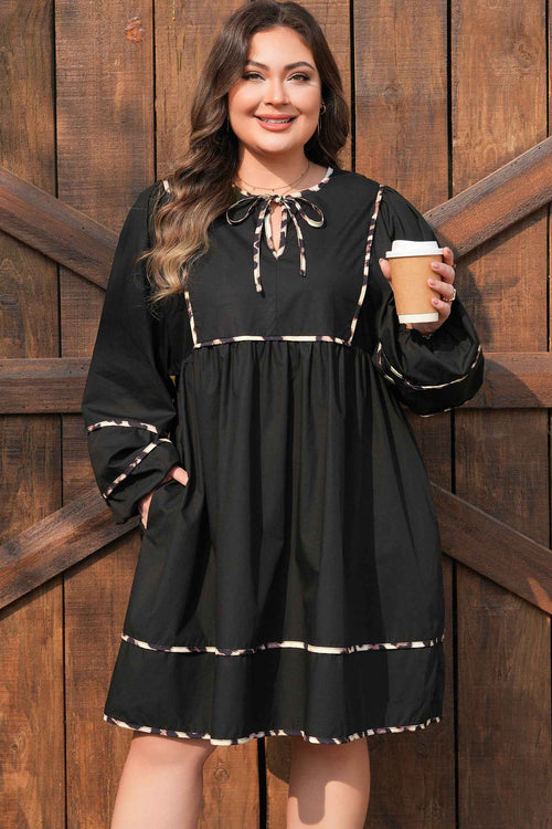 Black Plus Size Long Sleeve Leopard Contrasted Trim Tie Neck Flared Mini Dress