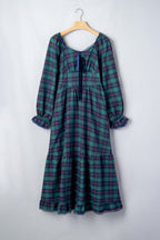 Green Vintage Plaid Square Neck Lace Trim Long Sleeve Shift Dress