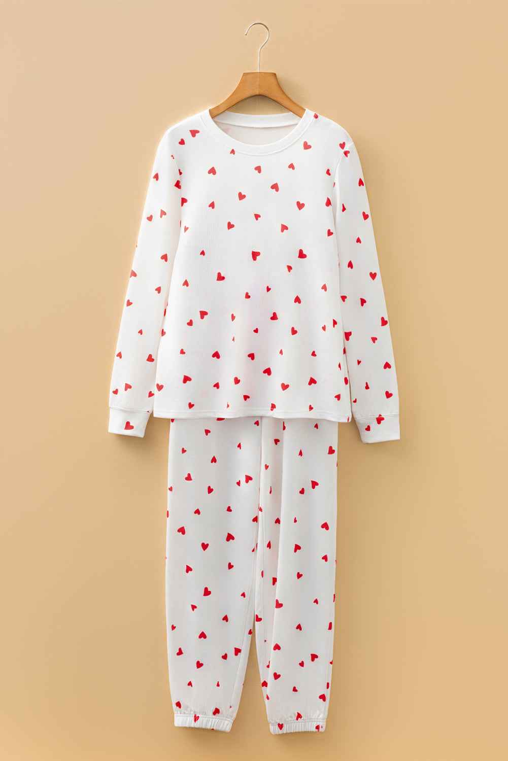 Fiery Red Tiny Hearts Printed Long Sleeve Top Drawstring Lounge Pant Set