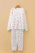 Fiery Red Tiny Hearts Printed Long Sleeve Top Drawstring Lounge Pant Set