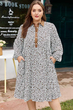 Khaki Plus Size Button V Neck Leopard Print Puff Sleeve Loose Mini Dress
