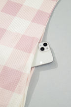 Pink Waffle Plaid Print Contrast Denim Shirt Collar Buttoned T Shirt Mini Dress