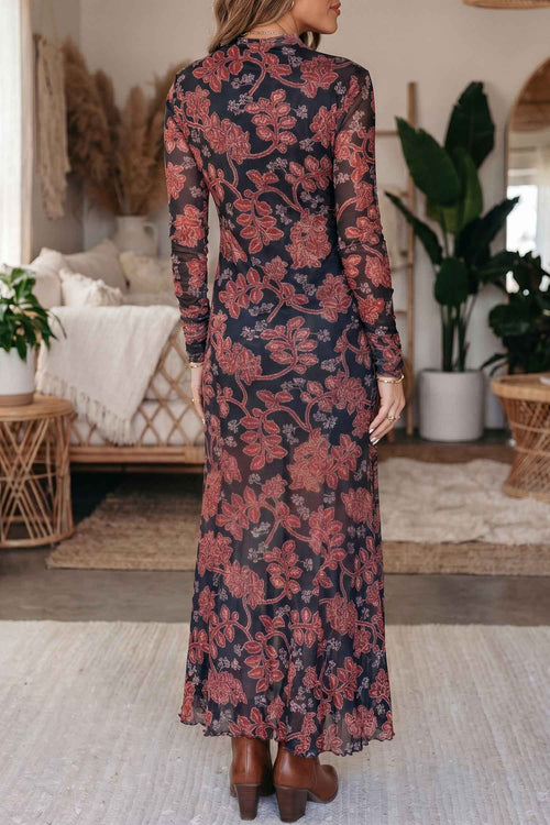 Black Retro Floral Print Long Sleeve Casual Mesh Dress