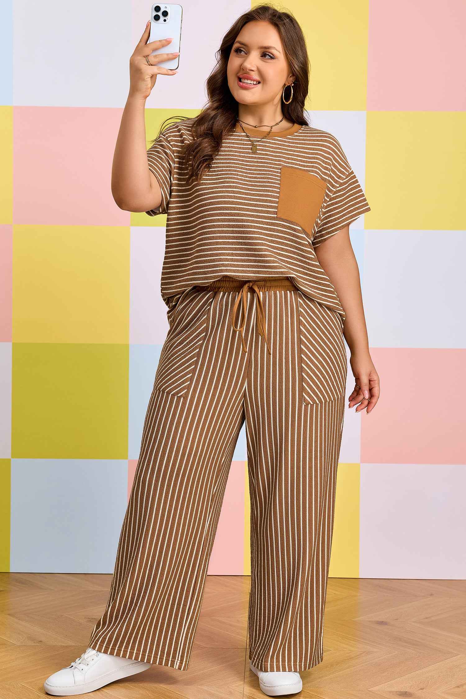 Khaki Stripe Plus Size Striped Colorblock Pocket Lounge Set
