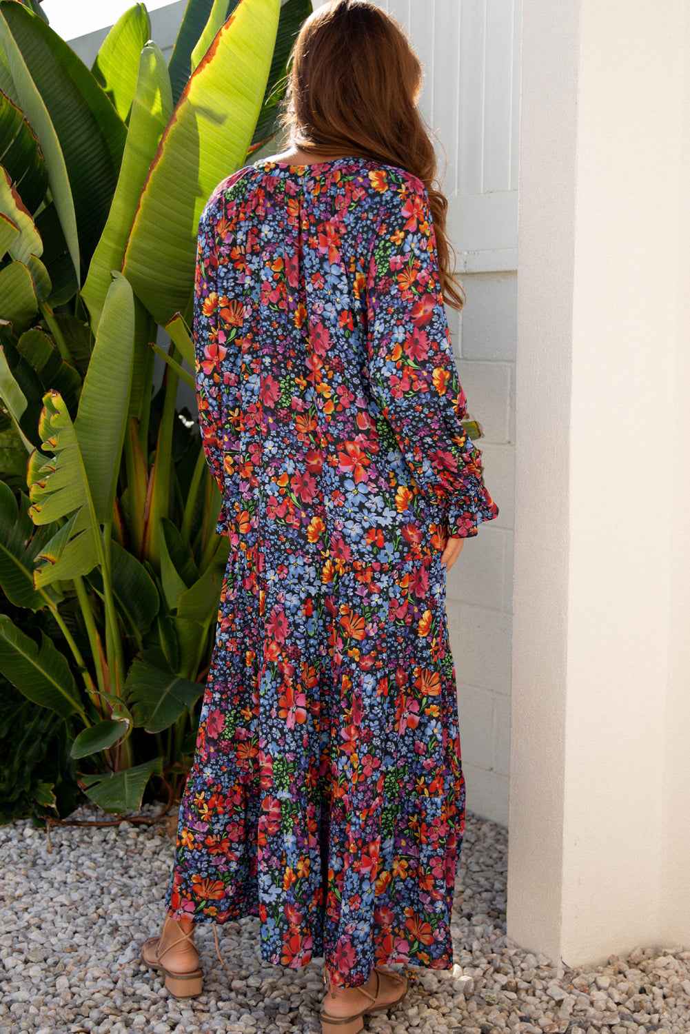 Blue Floral Print Tassel Tie V Neck Long Sleeve Flowy Long Dress