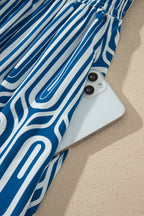 Blue Geometric Print Short Sleeve Drawstring Shirt Collar Dress