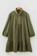 Jungle Green Plus Size Textured Contrast Trim Quarter Zip Bracelet Sleeve Mini Dress