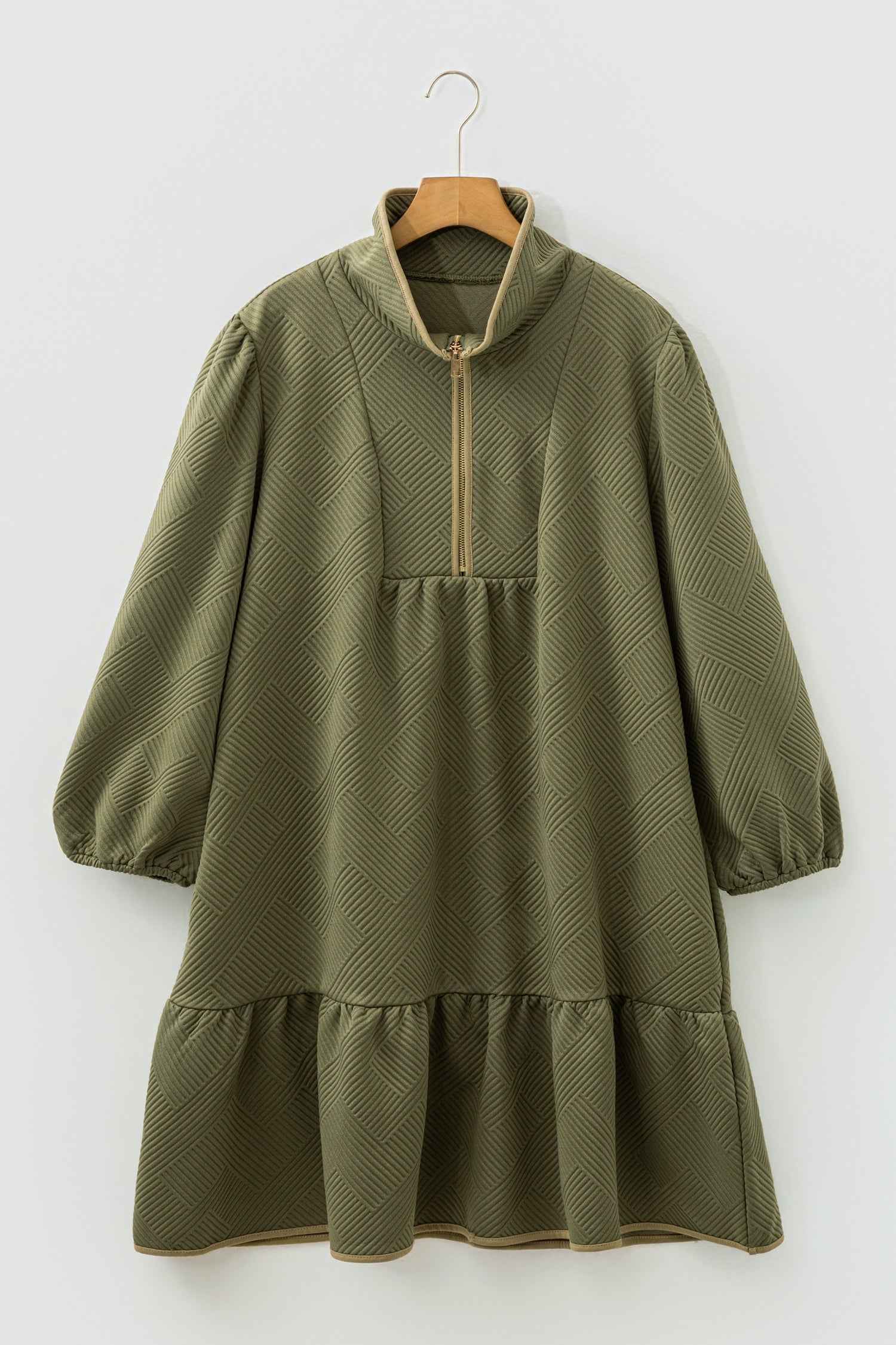 Jungle Green Plus Size Textured Contrast Trim Quarter Zip Bracelet Sleeve Mini Dress