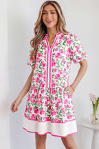 Multicolour Sweet Floral Print Striped Color Block Trim Short Dress