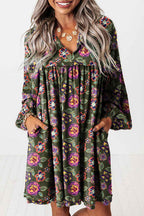 Green Floral Print Split Neck Bubble Sleeve Shift Mini Dress