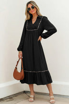 Black Collared V Neck Smocked Detail Contrast Leopard Trim Bracelet Sleeve Long Dress