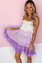 Purple Pink Ombre Swiss Dot Ruffled Tiered Mini Dress