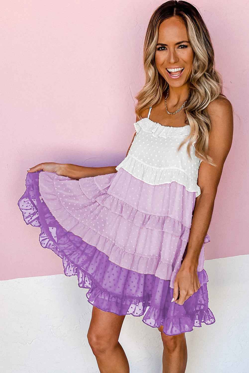 Purple Pink Ombre Swiss Dot Ruffled Tiered Mini Dress