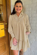 Brown Stripe Collared Neck Cuffed Long Sleeve Drop Waist Mini Dress