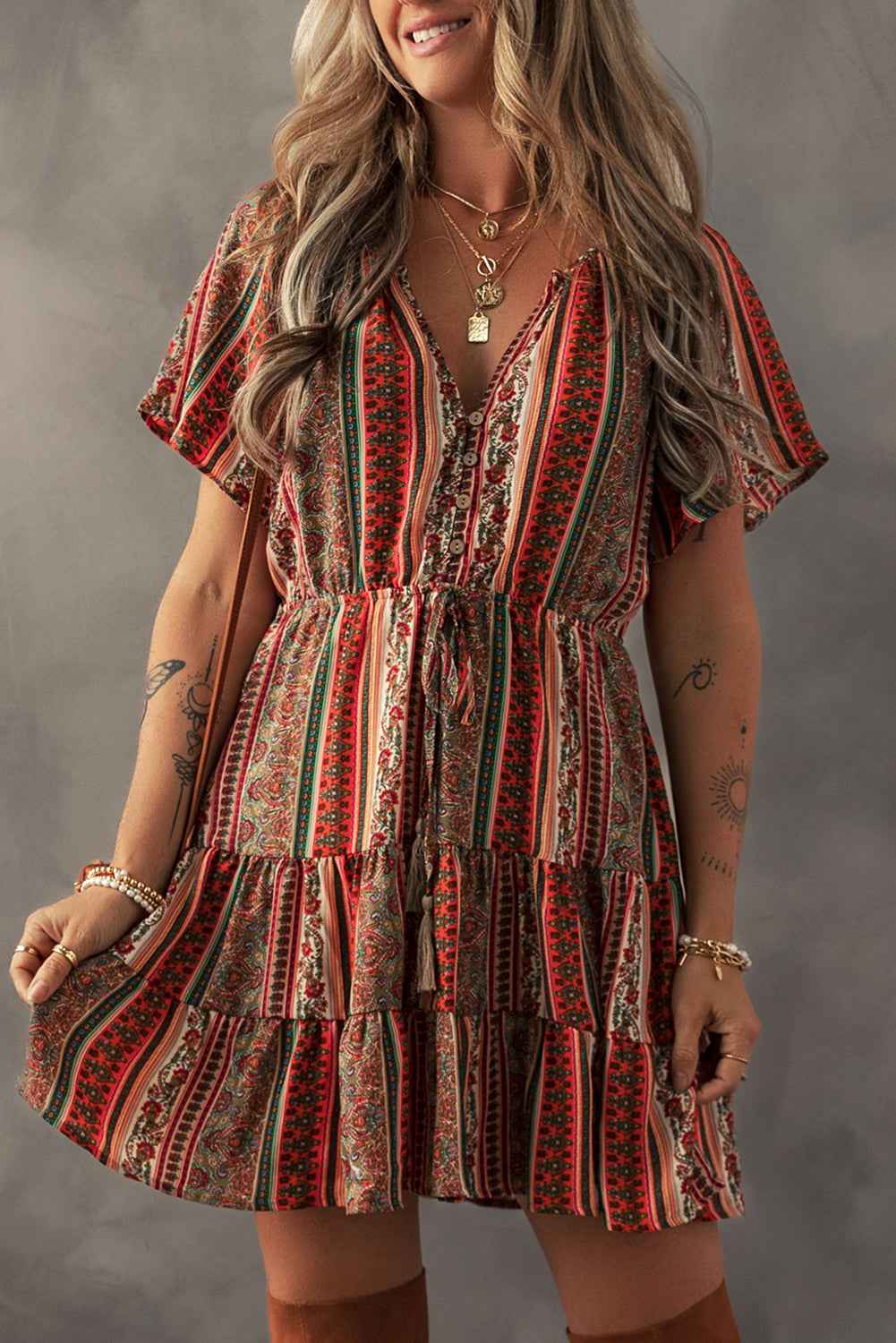 Red Bohemian Floral Print Buttoned V Neck Ruffle Tiered Dress