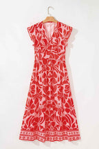 Red Boho Floral Short Sleeve V Neck Buttoned Shirred Waist Long Dress
